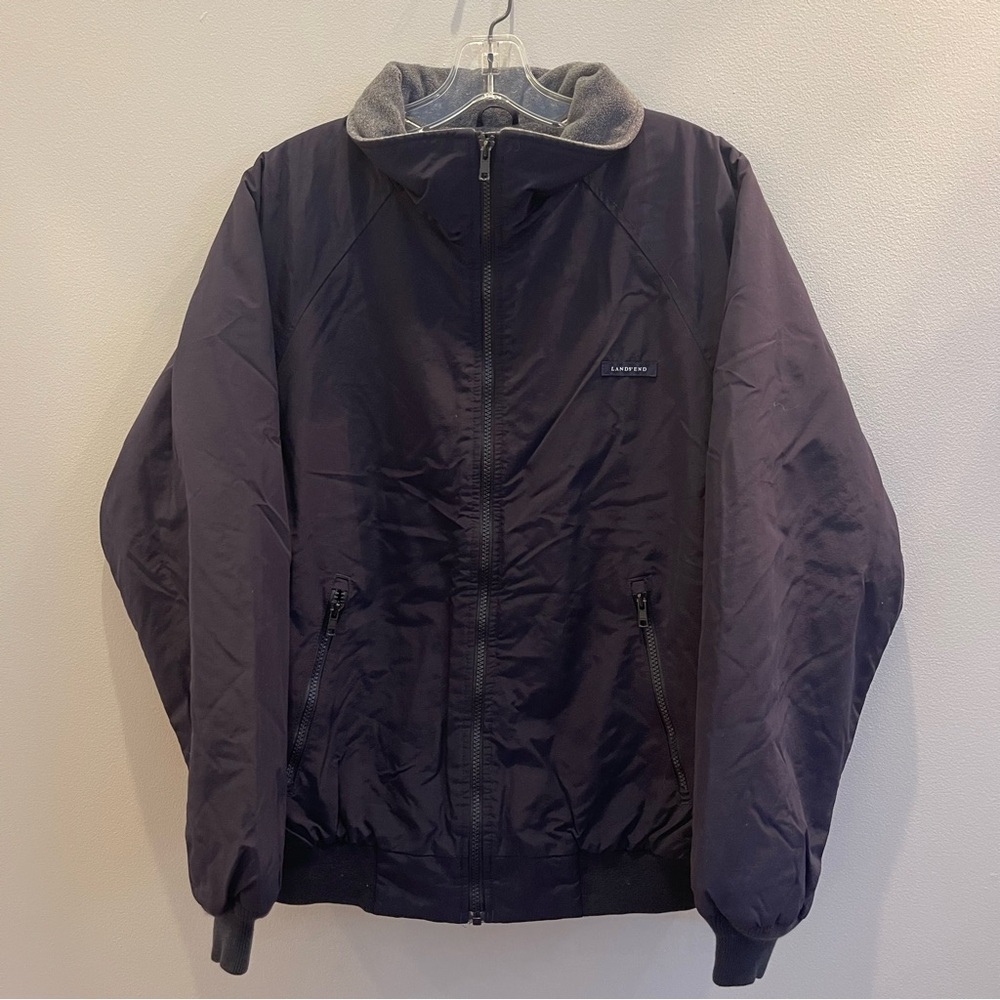 Lands End Jacket Mens S Blue Navy Windbreaker Jacket with Gray Fleece Lining